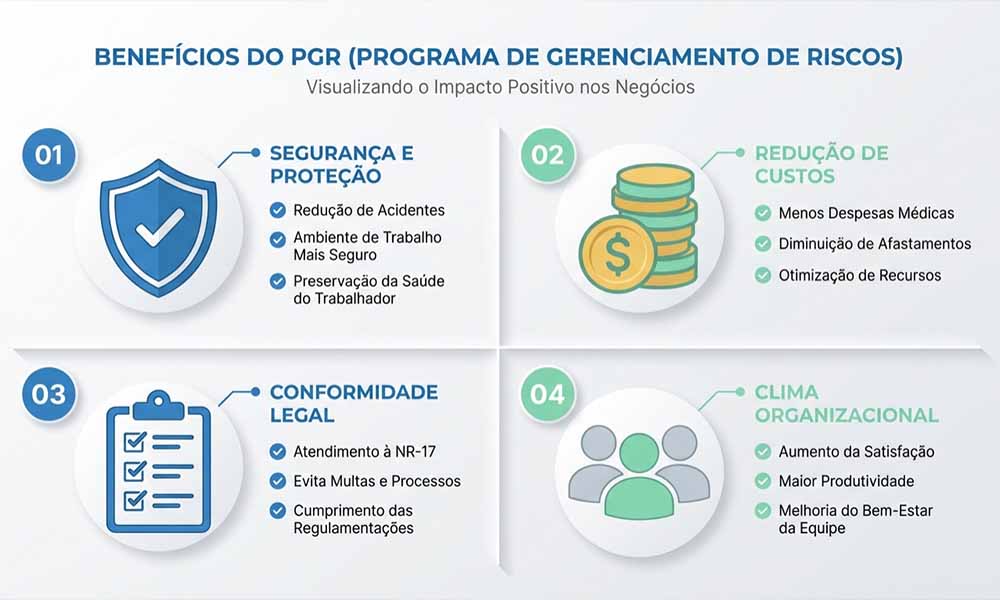 Infográfico listando os 4 principais benefícios do PGR para empresas
