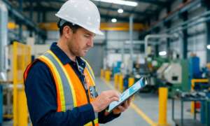 Engenheiro de segurança do trabalho revisando documento de PGR em um tablet.