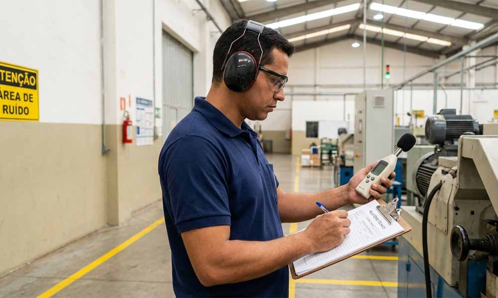 Técnico da Santimma realizando medição de ruído em ambiente fabril